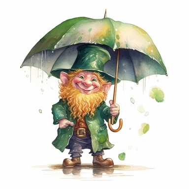 Cute Adorable magical little leprechaun holds laterally a umbrella in his hand wears a raincape and stand in the rain on a country road, clipart, photorealistic illustration, watercolor, high detail, 8k polished, 8k, vibrant colors, white background