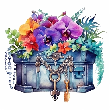clipart, isolated on white background, Watercolor spring metal treasure chest with key with jewelry, detailed, beach, flowers and plants, ornated, vivid and vibrant and saturated colors