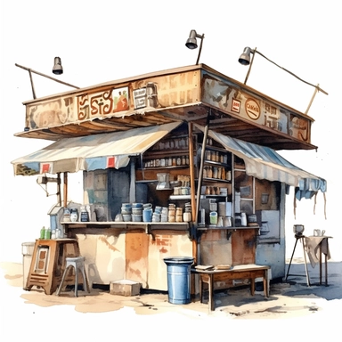 watercolor art of coffee stand, in the style of realistic and hyper-detailed renderings, sketchfab, ahmed morsi, realistic watercolor paintings, use of common materials, handcrafted designs clipart tan and silver with background removed