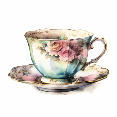 vintage tea cup, hyper realistic, pink, blue, green, watercolor clipart, white background