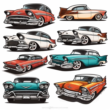 Retro-style car illustrations with a 1950s or 1960s vibe clipart white background