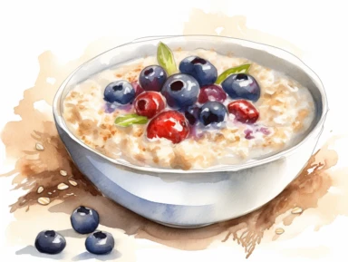 detailed watercolor illustration of a delicious bowl of oatmeal, plain white background, no backgroud, clipart,