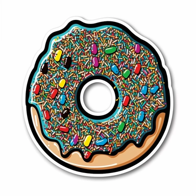 create clipart style sticker illustration of a colorful doughnut with sprinkles with a black and white thick sticker outline in 8K resolution on a white background,