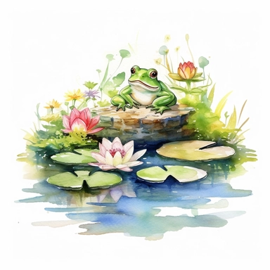 Watercolor Lily Pond Clipart - springtime cute lily pad and frog pond , white background, no text