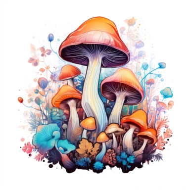Watercolour Magical Mystical Mushrooms clipart, vector, contour, colorful vibrant, detailed, beautiful,32k , outlined, floral, trippy, heavenly graphic design, Acrylic paint, white flat background, flat