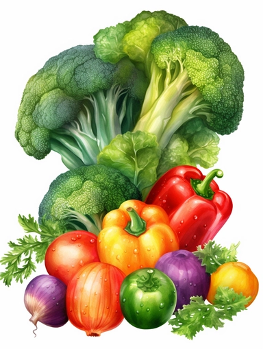 vibrant vegetable bouquet with broccoli, carrots,tomatoes, onions, watercolor hand-painted, lots of color with really soft blends and bleeding from one color to the next with a transparent finish, clipart on white background