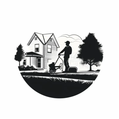 Black & White logo for FULL BLAST landscaping company, services include landscapings, pressure washing, mowing, clipart, clipart neighborhood home in background, sihlouette person mowing grass with a push mower, 1 color image, another sihlouette person pressure washing side of home