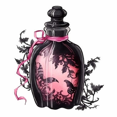 Vintage Halloween poison bottle, dark pink and black color, watercolor, clipart, illustration, white background