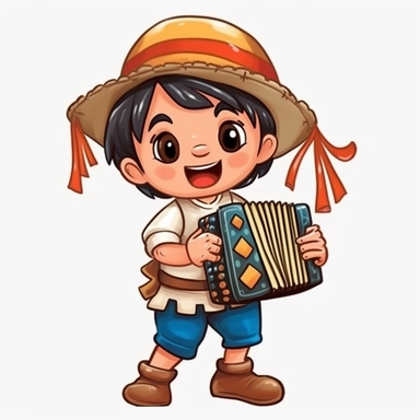 a cute little boy dressed for a brazilian junina playing acordion, Clothing from Northeast Brazil, happy, Monica's gang style, Graphics Maurício de Sousa, digital art, big eyes, cartoon, clipart , country girl from festa junina from brazil cute drawing white background