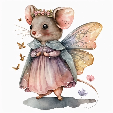 clipart watercolor little mouse girl is dressed like a fairy with wings
