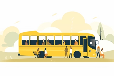 modern yellow bus in a countryside with happy people around. front shot, minimalist style, infographic illustration style character, Kurzgesagt animation style, thick lines, infographic animation style. Very minimal detail. 2D drawing, clip art, trending on video hive, After Effects, colorful, flat shade. solid untextured white background