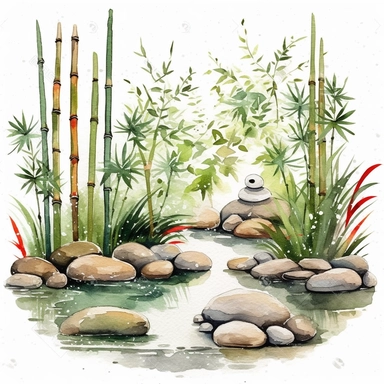 watercolored clipart traditional Zen garden with pebbles, a miniature bamboo grove