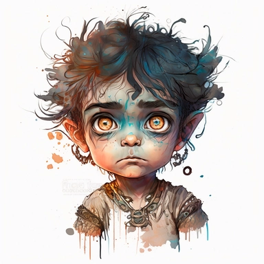 boho little BOY, big eyes, as Disney’s character hades, very detailed and realistic, watercolor, half body , white background with margins, clipart style,