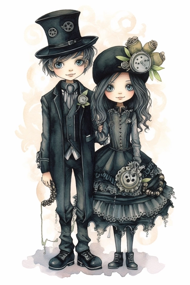 watercolor mixed media goth steampunk boy and girl entire body in goth steampunk wedding décor illustration clipart by holly hobbie