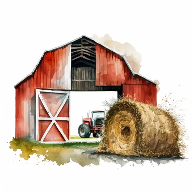 piles of hay in a red and white barn with an open barn door watercolor clipart, white background