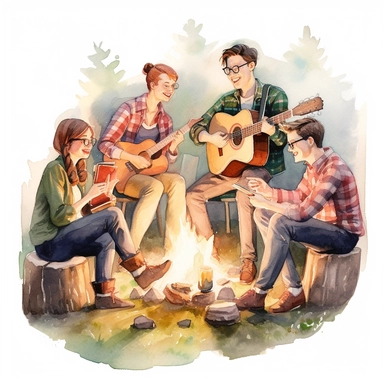 A group of friends gathered around a campfire, roasting marshmallows and singing folk songs from the 1960s, american style, watercolor, clipart