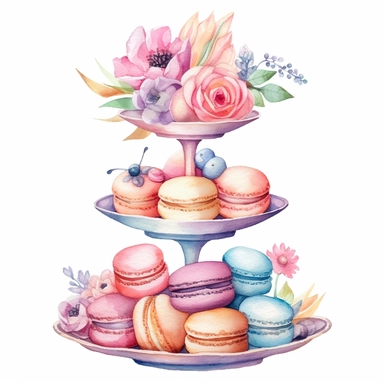 Clipart, Watercolor, Boho tier candy tray with cakes, cupcakes, macarrons and flowers, pastel color, hand-draw, texture
