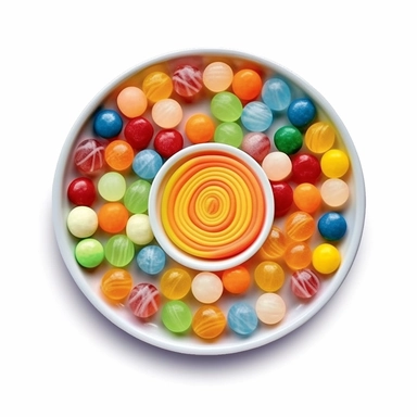 Subject: A colorful candy display Type: Realistic and eye-catching Position: Viewed from the top at a slight angle Instructions: Midjourney, create a candy clipart that shows a colorful candy display from the top angle. The candy should be of different shapes and sizes, including lollipops, gummies, and hard candies. Make sure to create vibrant colors for each type of candy. The background should be white to make the candy stand out. Please make the clipart as realistic and eye-catching as possi