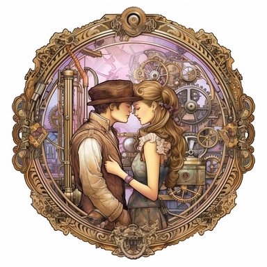 In the enchanting presence of a steampunk steam train, a couple's first kiss takes place, framed by the intricate gearwork and brass accents that adorn the classic locomotive, their love intertwined with the spirit of adventure. Ultra high quality, intricate detail, retro - futurism, pastel clipart, white background