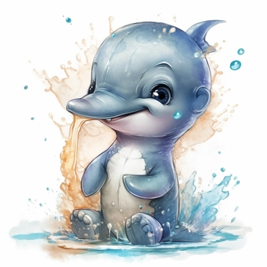 happy cute baby dolphin for kids playing with funny items, cartoon, highly detailed, watercolor, clipart, illustration, digital painting, paper crafting, no signature, no text
