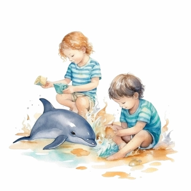 watercolor two sweet boys playing with shells near dolphins in the sea clipart on white blackground