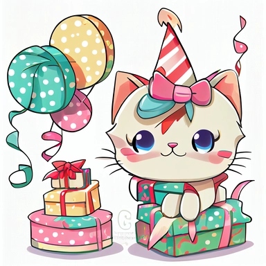 Birthday cat clipart Cute party clip art Kawaii kitten, sitting next to stack of presents with bows tied around them no caption