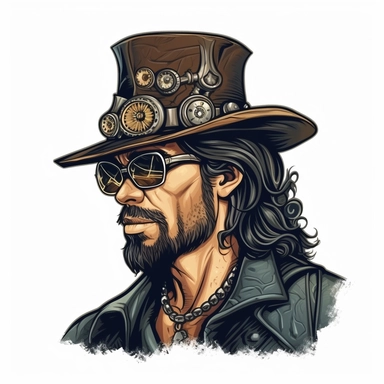 clipart style, artistic vector border, steampunk, close up, man with a goatee breaded at the chin, scar across his right eye, long dark hair, wearing a cowboy hat with steampunk gears and steam, realism