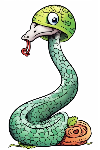 illustration of a mushroom with a green cap and a spiky stem, with a snake coiled around it , clipart style of coloring book for children, super simple, thick, clear, lines, black and white, white background