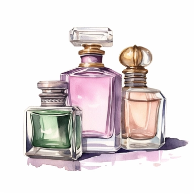 watercolor, hyper realistic, white background, white margins, 16k, ultra detailed clipart, cut out image, hand-drawn, vintage perfume bottle, a mirror, a brush, beauty cosmetics. Use soft and muted colors such as dusty rose, antique gold, lavender, and sage green for a vintage-inspired palette