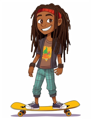 cute cool smiling black boy with wild colorful dreadlocks, skateboarding, chibi style, jewelry, hip hop clothing, hands in pocket, clipart, whole body, white background,