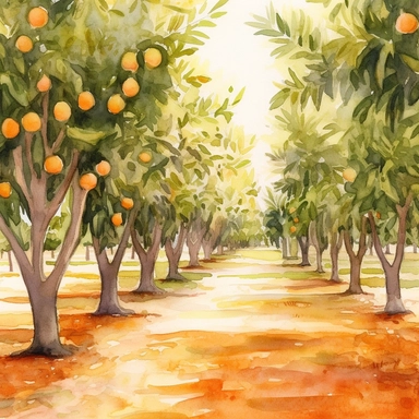 Citrus Grove: Create a watercolor clipart of an expansive orange grove, capturing the rows of trees and the play of light and shadow. Incorporate warm earthy tones and a sense of depth to bring the scene to life.