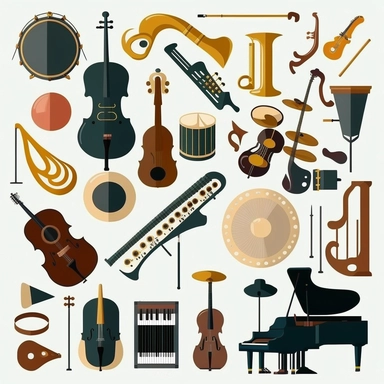 Generate clipart of various instruments of the orchestra. The clipart should be in black and white and should depict the instruments in a simple, easily recognizable style. The instruments to be included are: violin, viola, cello, double bass, flute, oboe, clarinet, bassoon, trumpet, French horn, trombone, tuba, and percussion instruments such as timpani, snare drum, cymbals, and xylophone. The clipart should be in a high-resolution format suitable for use in print and digital media. Each instru