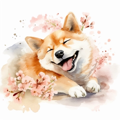watercolor dog shiba clipart , hight detail, cute, kawii , fresh Sakura, cheerful, lying on your back, postcard