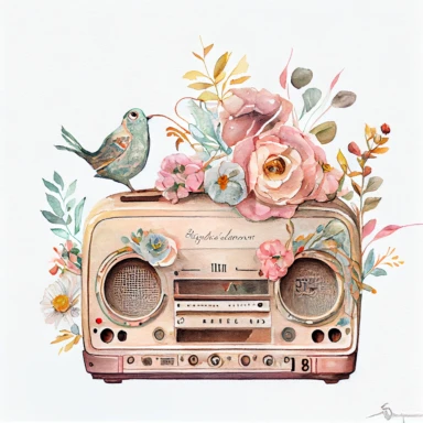 Vintage old radio ( a little floral, bird on radio) pastel watercolor clipart