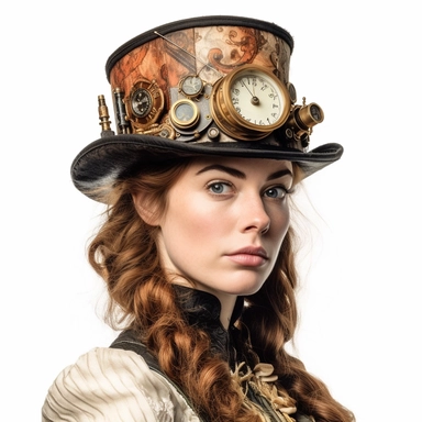 Solid white background. Waist-up portrait of a lovely Victorian steampunk woman, her enticing gaze accompanied by a faint smile. Her ivory skin enhances her classic gold and rust attire, reflecting Victorian aesthetics with steampunk mechanics. Her hat, complete with a built-in clock, adds to her look. The backdrop lacks steampunk elements. Pastel clipart, hyper-realistic, retro-futurism, solid white background