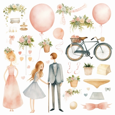 Watercolor wedding cute illustrations clipart set, simple, soft colors, cartoon elements, different variants, girl with long braids on wedding day, wedding, husband and wife, veil, garland, balloons, wedding bouquet, gold rings, wedding cake, wooden elements, they sit on a bench, on a car, on a bicycle, white transparent background, separate elements with a margin