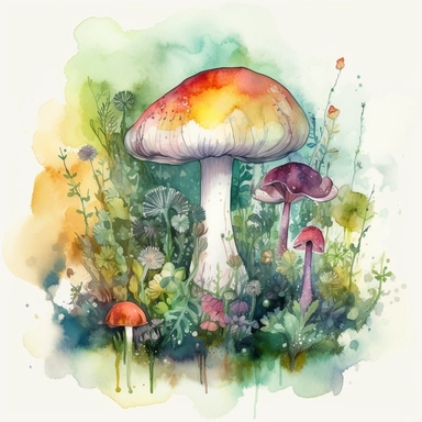 In this watercolor illustration, a mystical mushroom takes center stage, painted with vibrant hues and surrounded by delicate flowers and lush plants. The clipart design captures a magical scene, where fairies flit about in the air, their ethereal forms highlighted against a watercolor backdrop. The white background provides a stark contrast to the dominant spring green color scheme, enhancing the enchanting atmosphere of the artwork. The intricate details of the flora and the playful presence o