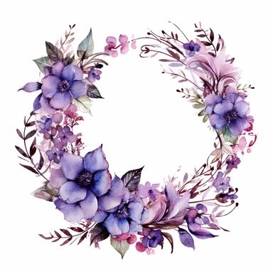 beautiful watercolor floral wreath with decorative elements, purple, flowers, leaves, clipart, isolated on white background, bojo, vintage, lithograph, 32k uhd, texture