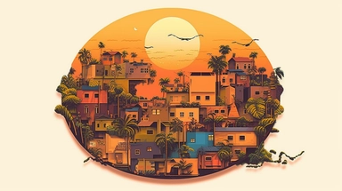 artwork for graphic logo design , majestic slum homes and flowers , sunset, summer, circle shape, movie camera, white background, dull color shades, highly detailed clean, vector image, photorealistic masterpiece, professional photography, realistic, flat white background, isometric, vector, clipart, illustration, realism,