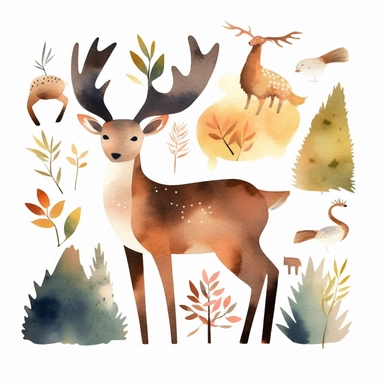 simplified single deer clipart, simple shapes, no lines, no outlines, clipart most popular on etsy, featured on dribble, cartoon animals clipart, minimalist, computer vector graphic design clip art, watercolor illustration clipart, watercolour clipart, watercolor illustration for kids and children, book illustration, print on demand image, PNG transparent background