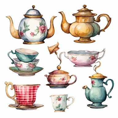 Cute little a tea set, alice in wonderland inspired mad hatter tea party element, Watercolor Clipart,white background Clipart ,single design, single object, watercolor illustration by Lizzie Mackay ,print on demand image, PNG transparent background, white background for removing background
