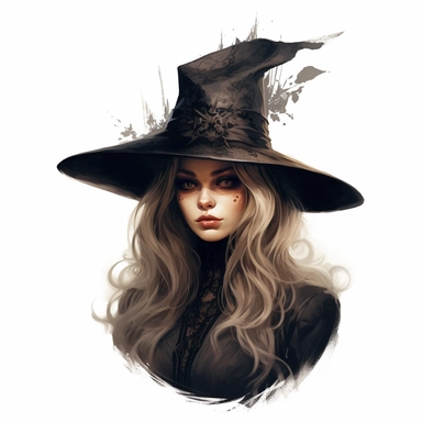 a witch wearing a witch hat, in the style of charlie bowater, victorian era themes, wimmelbilder, rtx on, camille-pierre pambu bodo, black smoke, dark bronze and white, gianni strino, clipart, white background