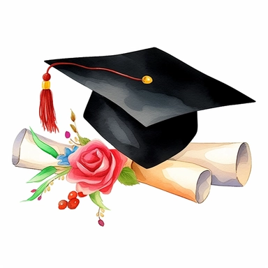 Beautiful Hat And Paper graduation Watercolor Sublimation Clipart, Cartoon,hyper realistic, intricate detail, illustration style,high solution,on the white background
