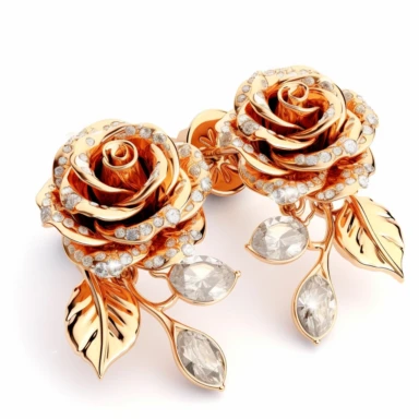 jewellery gold earrings with diamonds and roses digital clipart on white background
