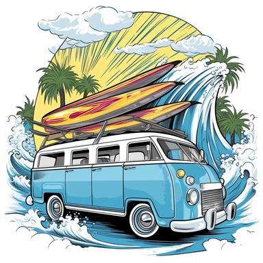 Craft a dynamic image of a van riding a powerful wave, surfboards perfectly aligned, with a majestic waterfall cascading in the background, highlighting the van's elegance against a white canvas, mystical, illustration style, white background, clipart, PNG pure white background, high resolution, hyper detailed, best quality, high detailed illustration