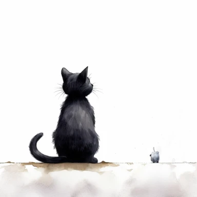 back high level view, cute black cat waiting before mouse whole in wall, illustration, white background, clipart, nursery illustration, illustration for children