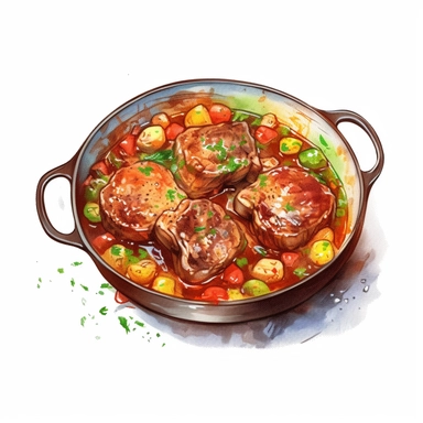 Osso Buco: Braised veal shanks with vegetables, white wine, and broth, watercolor clipart illustration, flat blank transparent background, food photography, soft cinematic lights, juicy, bright, high quality, ultra detailed, 32k