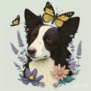 Tshirt vector graphic art of a border collie dog wearing flower crown, very detailed, flat graphic design, magical, firefly, butterfly, fairycore, plants, vintage colors, rural life, wild flowers, Mushroom, Forest, cottagecore aesthetic, clean lines, sticker, vector image, clipart, white backgound,