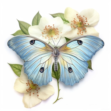 a female Chinese moon moth, surrounded by light blue and azure flowers, romantic bloomcore, beautiful beyond belief, photo clipart on solid white background