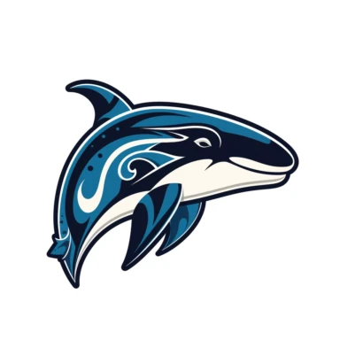 a minimalist abstract clipart illustration of a killer whale, aggressive, has the same energy as old sports mascots and logos, has a white background